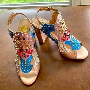 NIB Exe' "Nikita-240 Nude Aqua Gold Brazilian Leather Sz 7